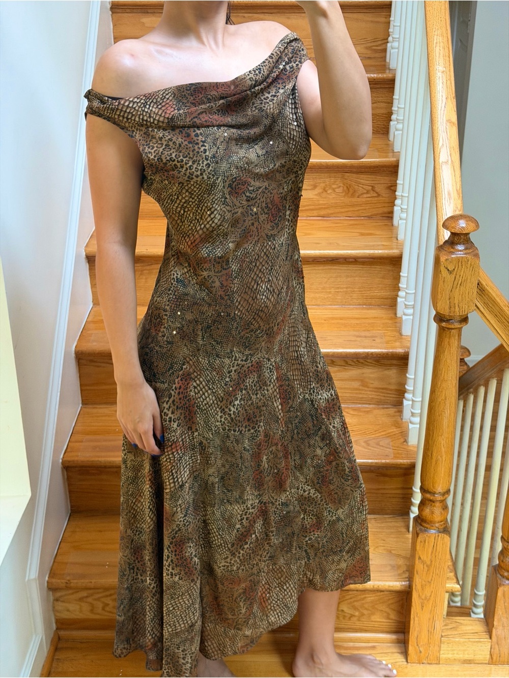 Off-Shoulder Animal Print Midi Dress